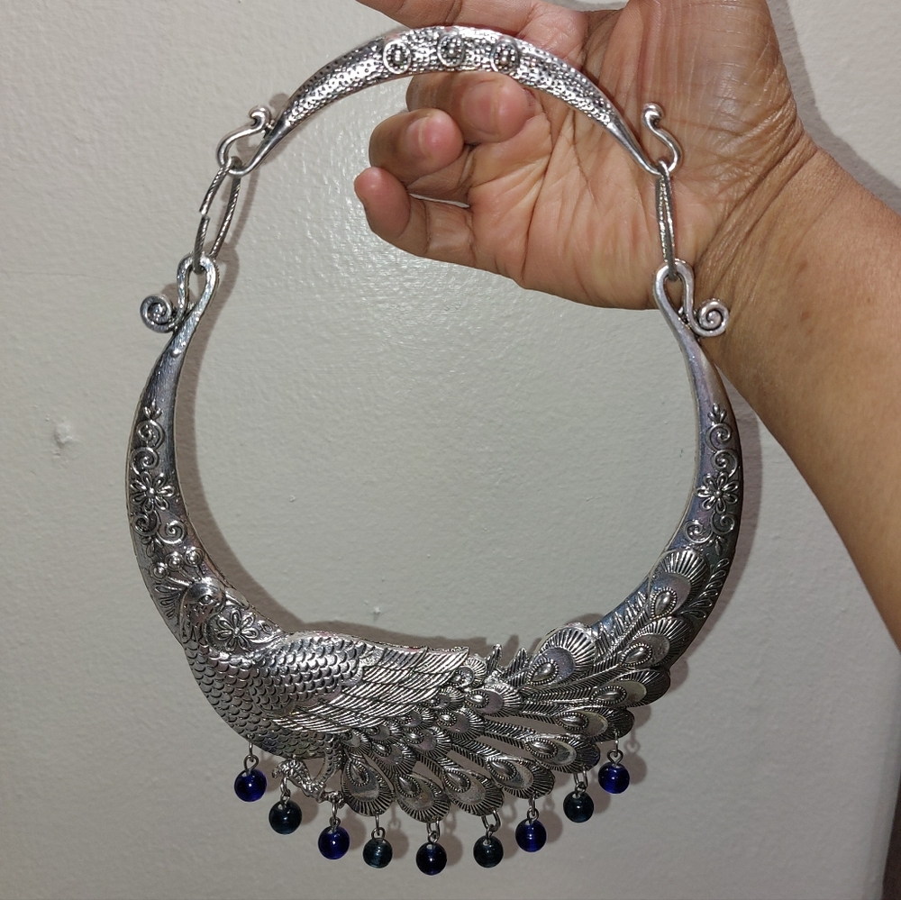 Bohemian Peacock Bird Silver Tone Chunky Bib Statement Collar Necklace - Picture 5 of 6